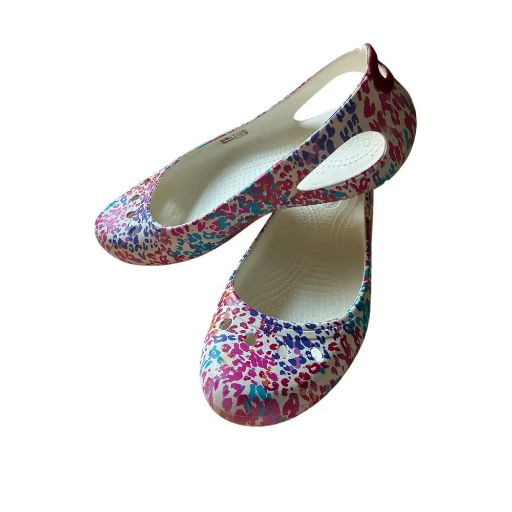 Crocs Kadee Flats Women's 10 Pink Floral Leopard Print Slip-On Casual Shoes